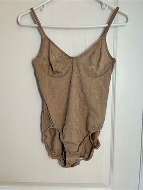 Olga Shaping Bodysuit 36B Nude Brown Sheer Tapestry Mesh Underwire